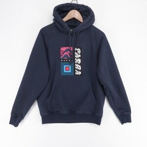 By Parra Hoodie Mens S Navy Blue Graphic Pullover Cotton Fleece Embroidered
